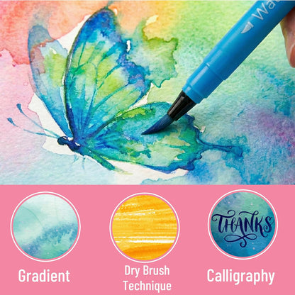 Watercolor Markers, 36 Pack, Brush Tip Pens, Water-Based, Non-Toxic