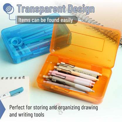 Mr. Pen- Clear Pencil Boxes, 2 Pack, Orange/Blue, Snap-Tight Lid, Plastic Pencil Box Organizer