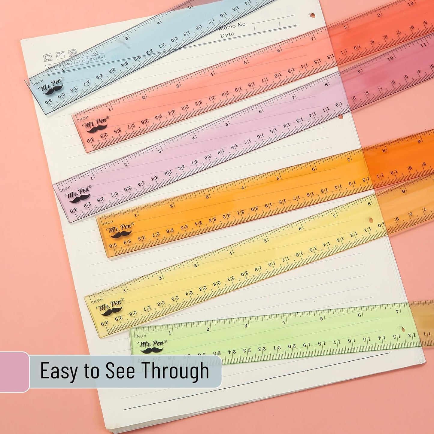 Mr. Pen- Plastic Rulers, 12 Inch, 6 Pack, Pastel Colors, Metric & Imperial, Clear Ruler Set, Cute Ruler 12 Inch