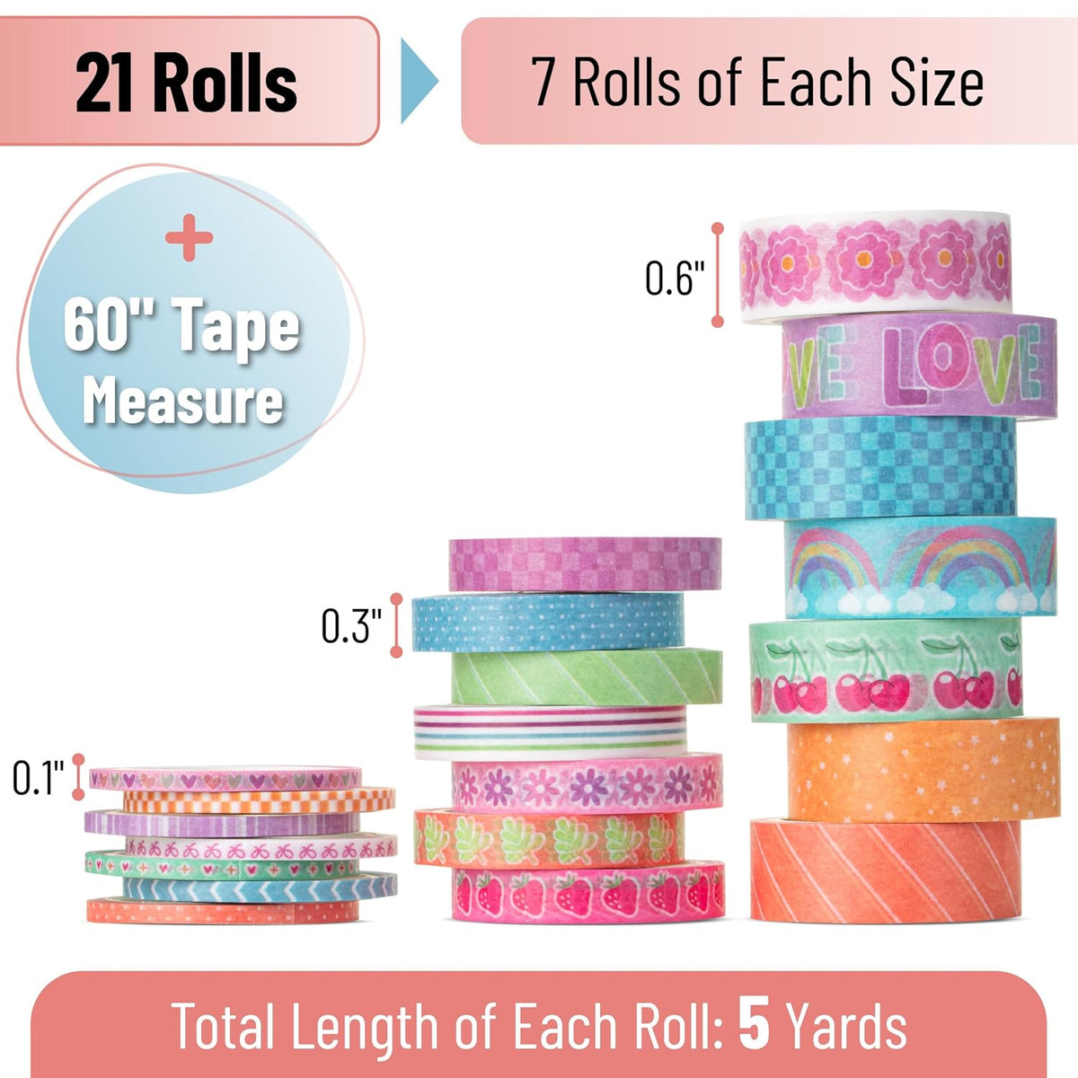 Mr. Pen- Washi Tape Set, 21 Rolls, Assorted Sizes, Pastel Bliss, Washi Tape for Journaling