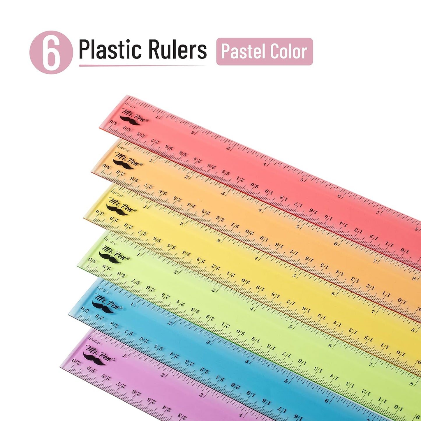 Mr. Pen- Plastic Rulers, 12 Inch, 6 Pack, Pastel Colors, Metric & Imperial, Clear Ruler Set, Cute Ruler 12 Inch