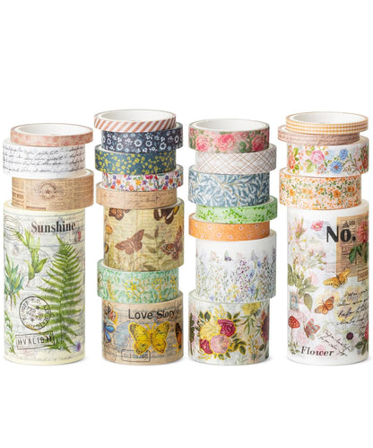Flower Washi Tape Set, 24 Rolls, Vintage Botanical & Butterfly
