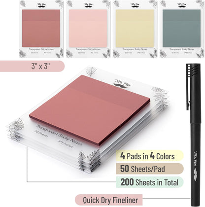 Mr. Pen- Transparent Sticky Notes, 3x3, 200 Sheets, Vintage Colors