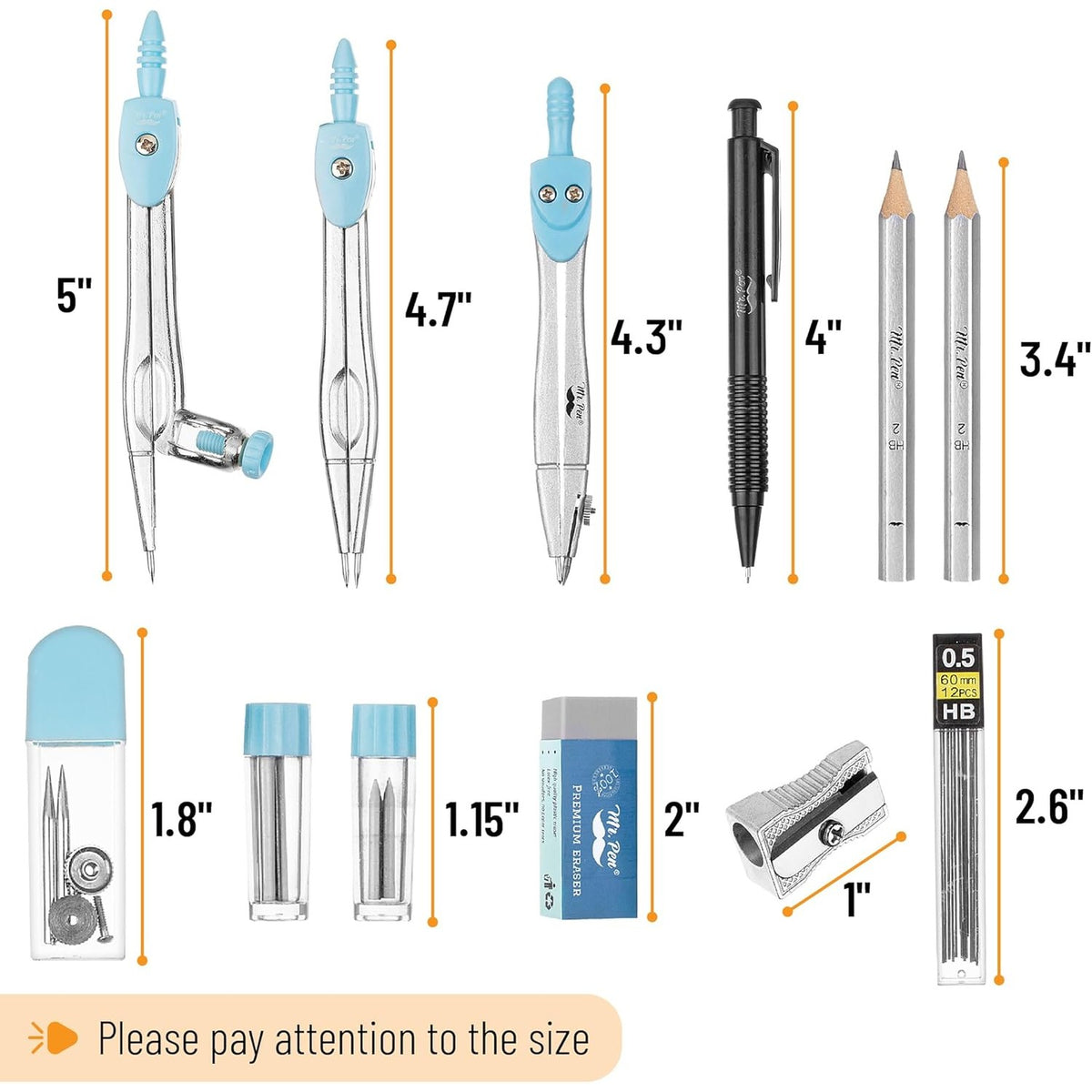 Mr. Pen- Geometry Set, 15 pcs, Light Blue, 6 Inch Swing Arm Protractor, Divider, Set Squares