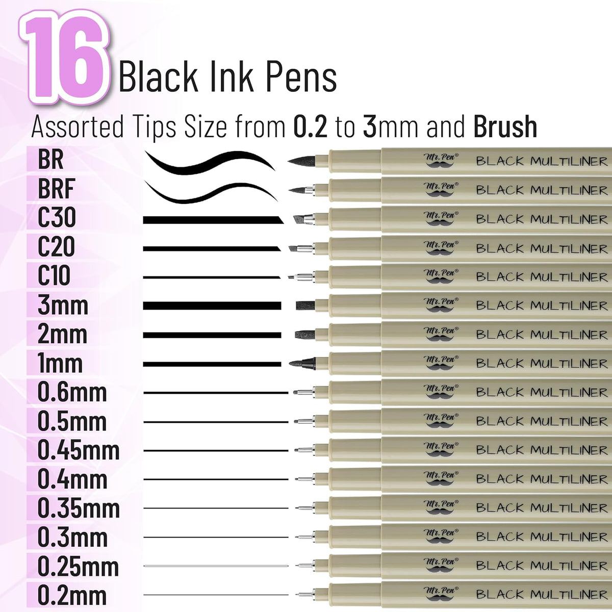 Mr. Pen- Drawing Pens for Artists, 16 Sizes, Black Multiliner