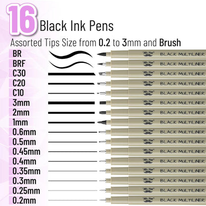 Mr. Pen- Drawing Pens for Artists, 16 Sizes, Black Multiliner