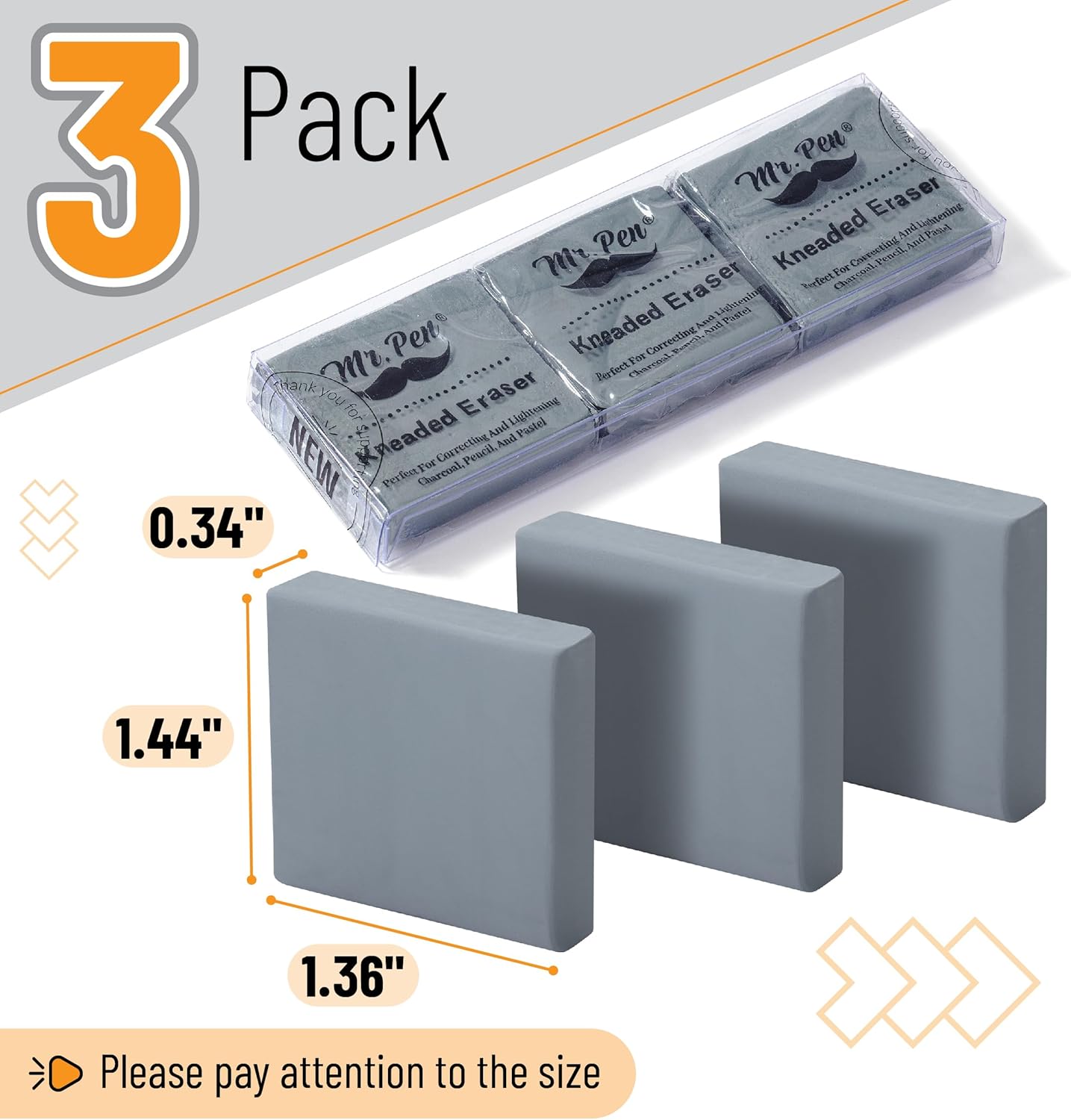 Mr. Pen- Kneaded Eraser, 3 Pack, Grey, 1.44"x1.36" Kneaded Erasers for Artists, Art Eraser