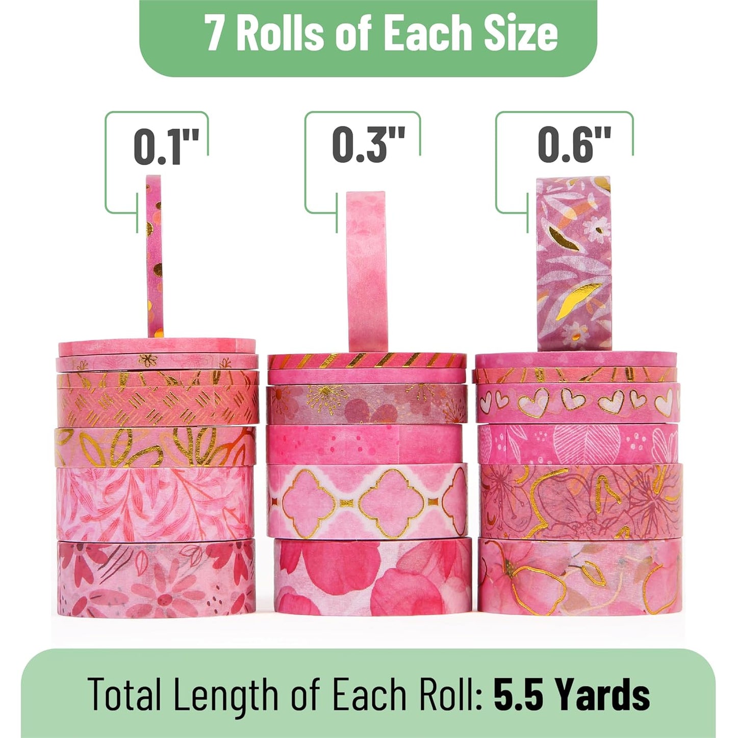 Mr. Pen- Washi Tape Set, 21 Rolls, Floral Pink, Decorative Tape with Measure Tape