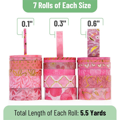 Mr. Pen- Washi Tape Set, 21 Rolls, Floral Pink, Decorative Tape with Measure Tape