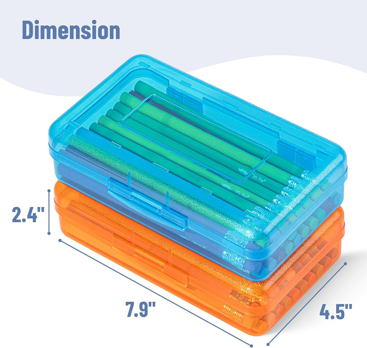 Mr. Pen- Clear Pencil Boxes, 2 Pack, Orange/Blue, Snap-Tight Lid, Plastic Pencil Box Organizer