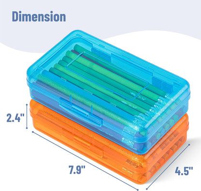 Mr. Pen- Clear Pencil Boxes, 2 Pack, Orange/Blue, Snap-Tight Lid, Plastic Pencil Box Organizer