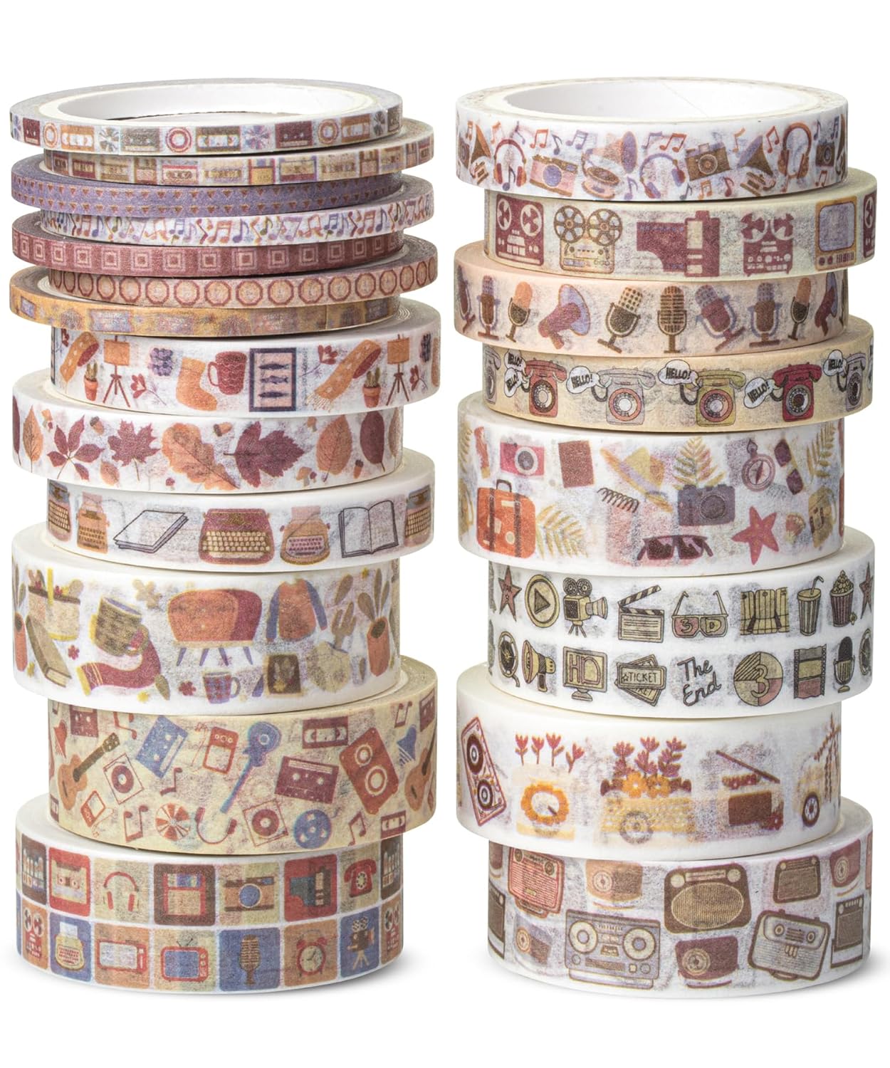 Nostalgic Washi Tape Set, 21 Rolls, Retro Icons, Assorted Widths