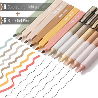 Aesthetic Highlighters and Gel Pens, 12 Pack, Assorted Color Bible Highlighters No Bleed, Black Ink Gel Pens, Highlighter Pens, No Bleed Highlighters for Bibles, Aesthetic Gel Pens