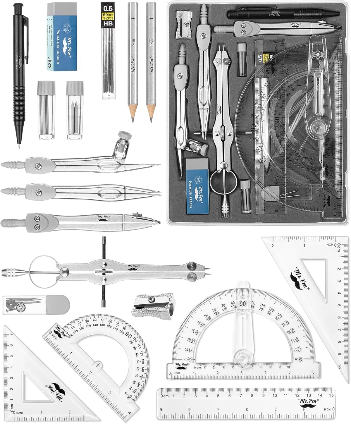 Mr. Pen- Geometry Set, 15 pcs, Light Grey, 6 Inch Swing Arm Protractor, Divider, Set Squares