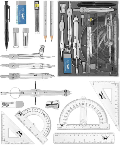 Mr. Pen- Geometry Set, 15 pcs, Light Grey, 6 Inch Swing Arm Protractor, Divider, Set Squares