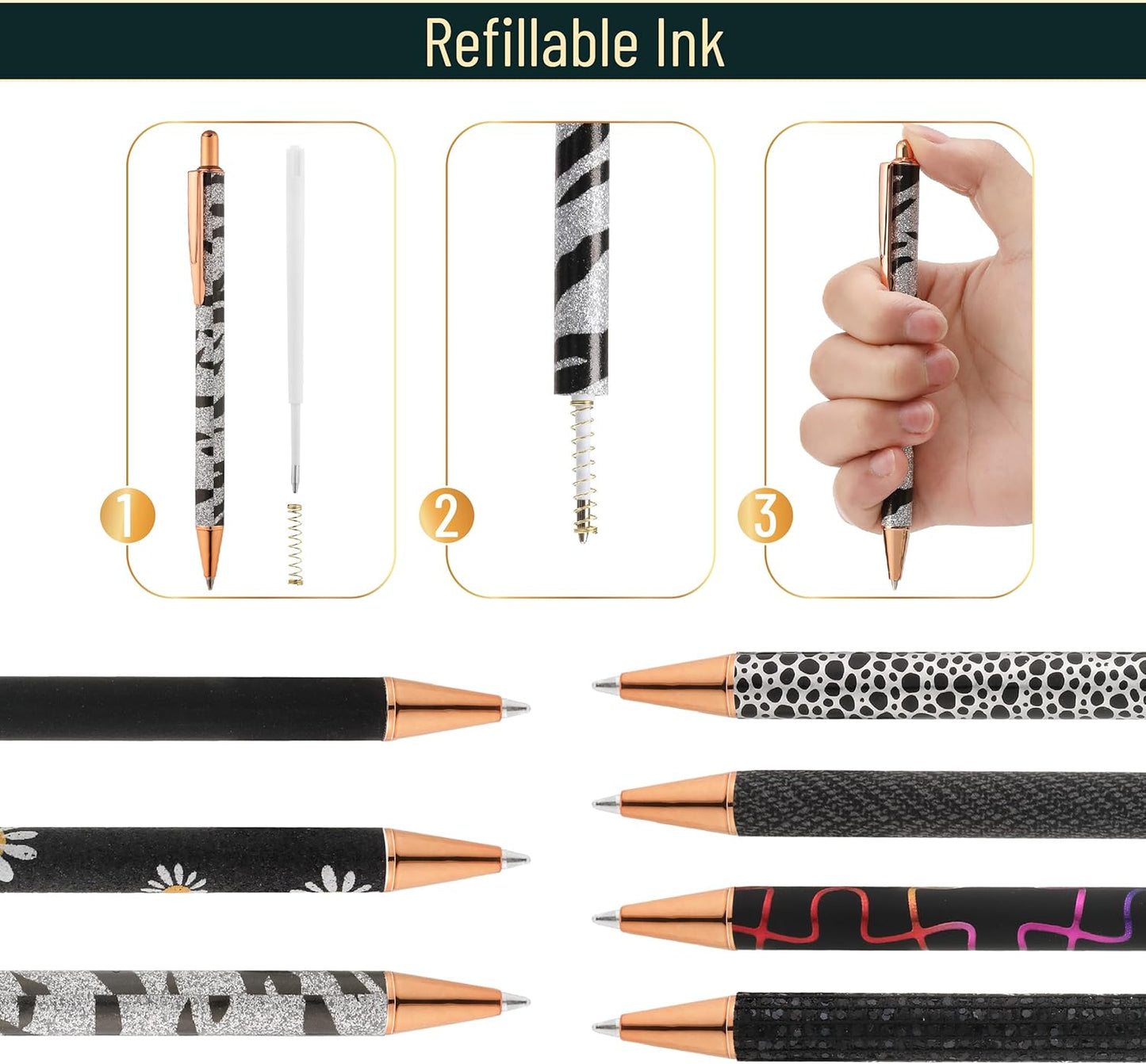 Mr. Pen- Fancy Pens for Women, 7 Black Ink Ballpoint Pens with 10 Refills, 1.0mm