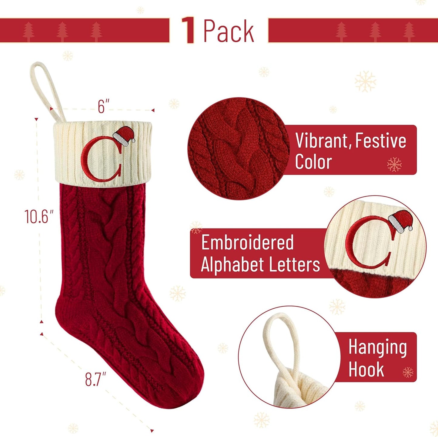 Mr. Pen- Christmas Stockings with Initials, 18", Letter C, Red and White, Cable Knit Stockings for Christmas