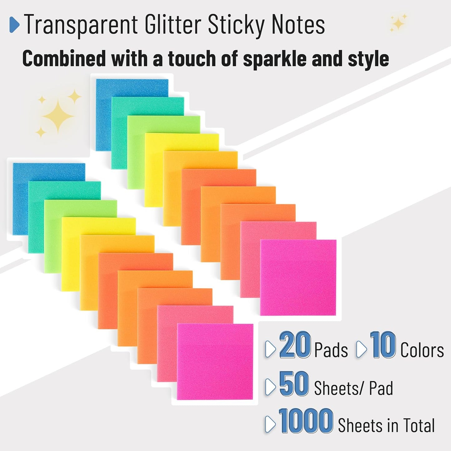 Bulk Plastic Glitter Sticky Notes 3x3, 20 Pads, 1000 Sheets, Prism Glow