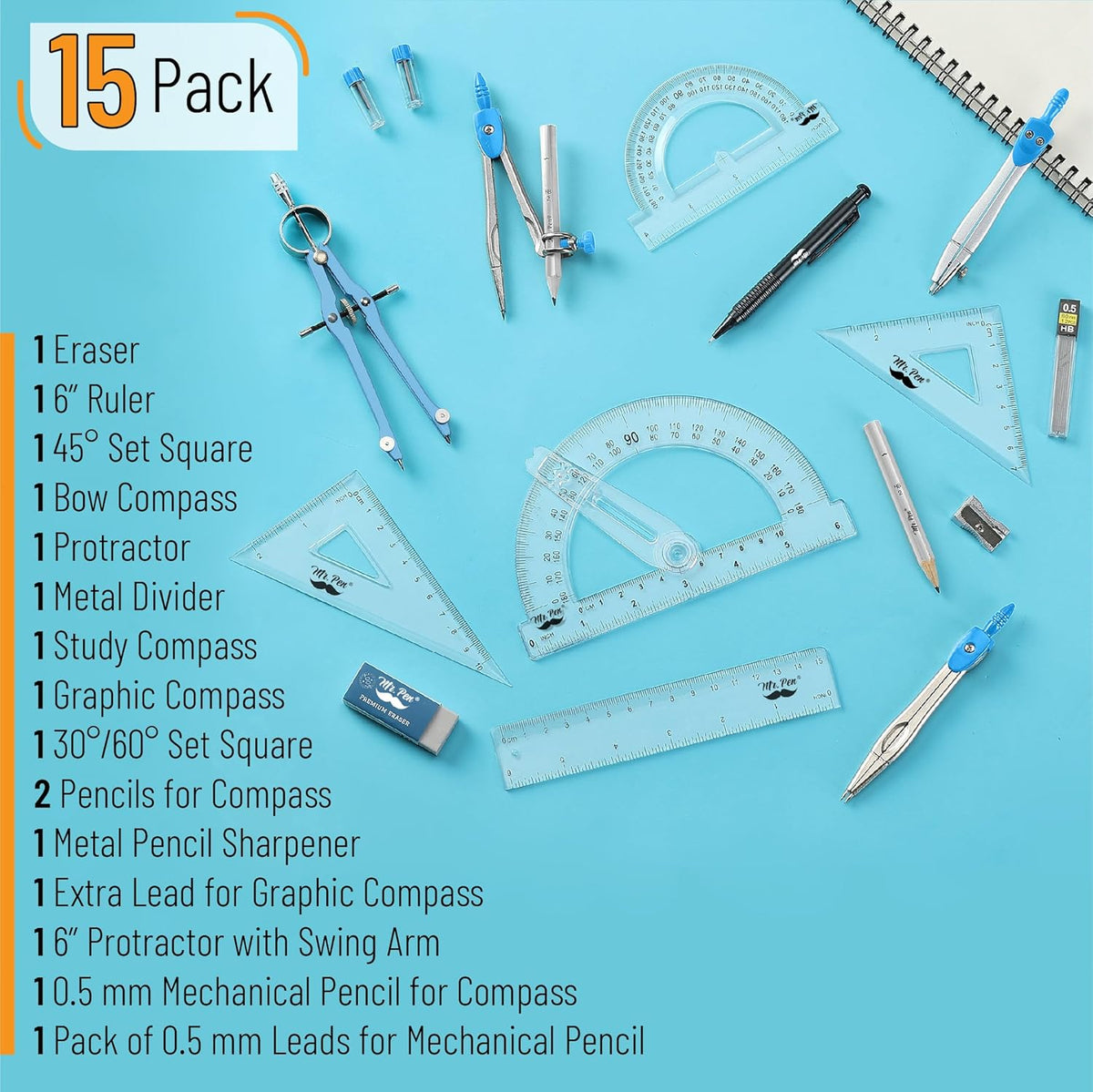 Mr. Pen- Geometry Set, 15 pcs, Blue, 6 Inch Swing Arm Protractor, Divider, Set Squares, Ruler