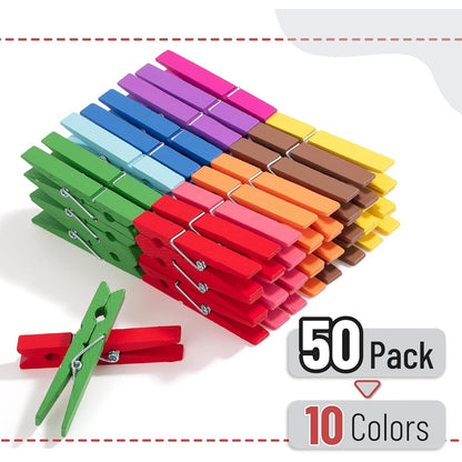 Wooden Clothes Pins, Colorful, 50 Pack, 2.85 Inch, Strong Grip