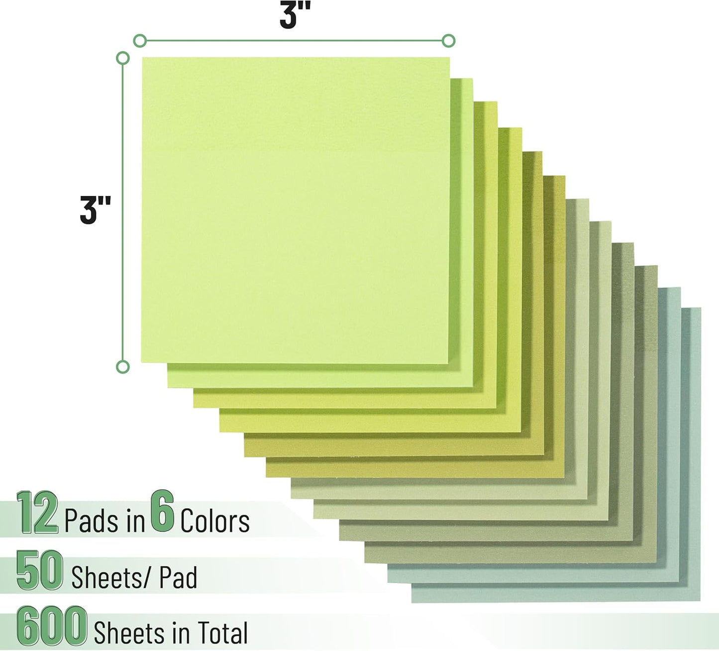 Green Sticky Notes 3x3 Inch, 12 Pads, 600 Sheets, Shades of Green