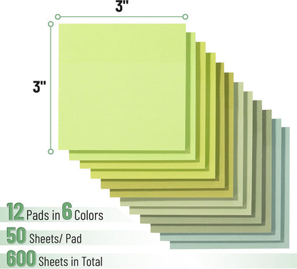 Green Sticky Notes 3x3 Inch, 12 Pads, 600 Sheets, Shades of Green