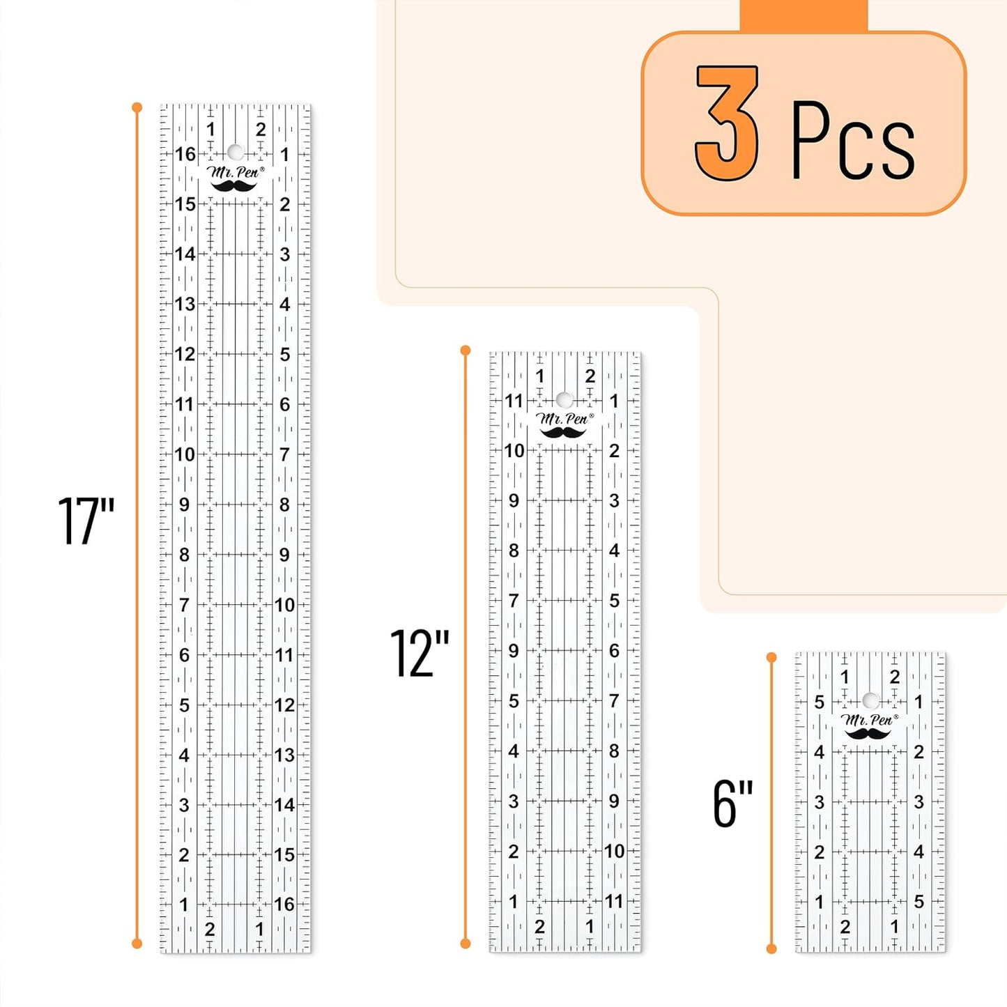 Sewing Ruler, 3 Pack, 6", 12" & 17", Acrylic Ruler, Quilting Ruler, Cutting Ruler, Acrylic Ruler for Cutting Fabric, Rulers for Quilting and Sewing, Non Slip Quilt Rulers, Sewing Supplies