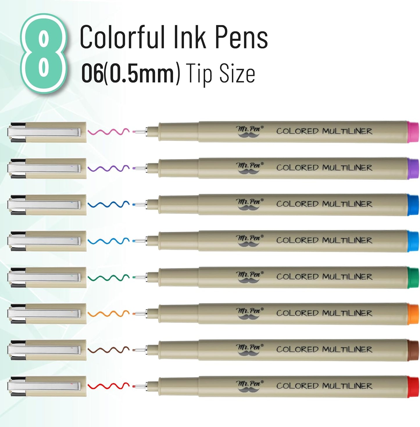 Mr. Pen- Drawing Pens for Artists, 0.5mm, 8 Pack, Colorful Artist pens, Micro Pens for Drawing