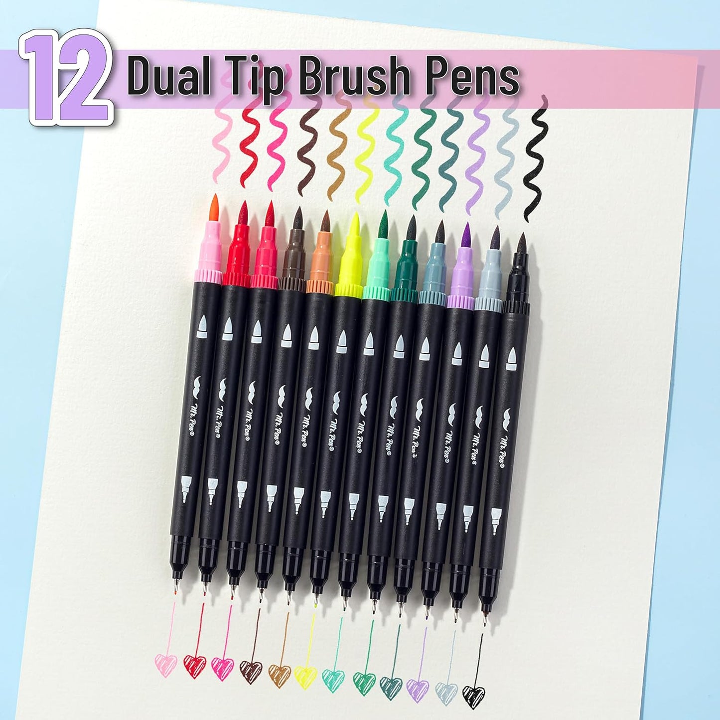 Dual Tip Brush Markers, 12 Pack, Muted Colors, Fine + Brush Tip