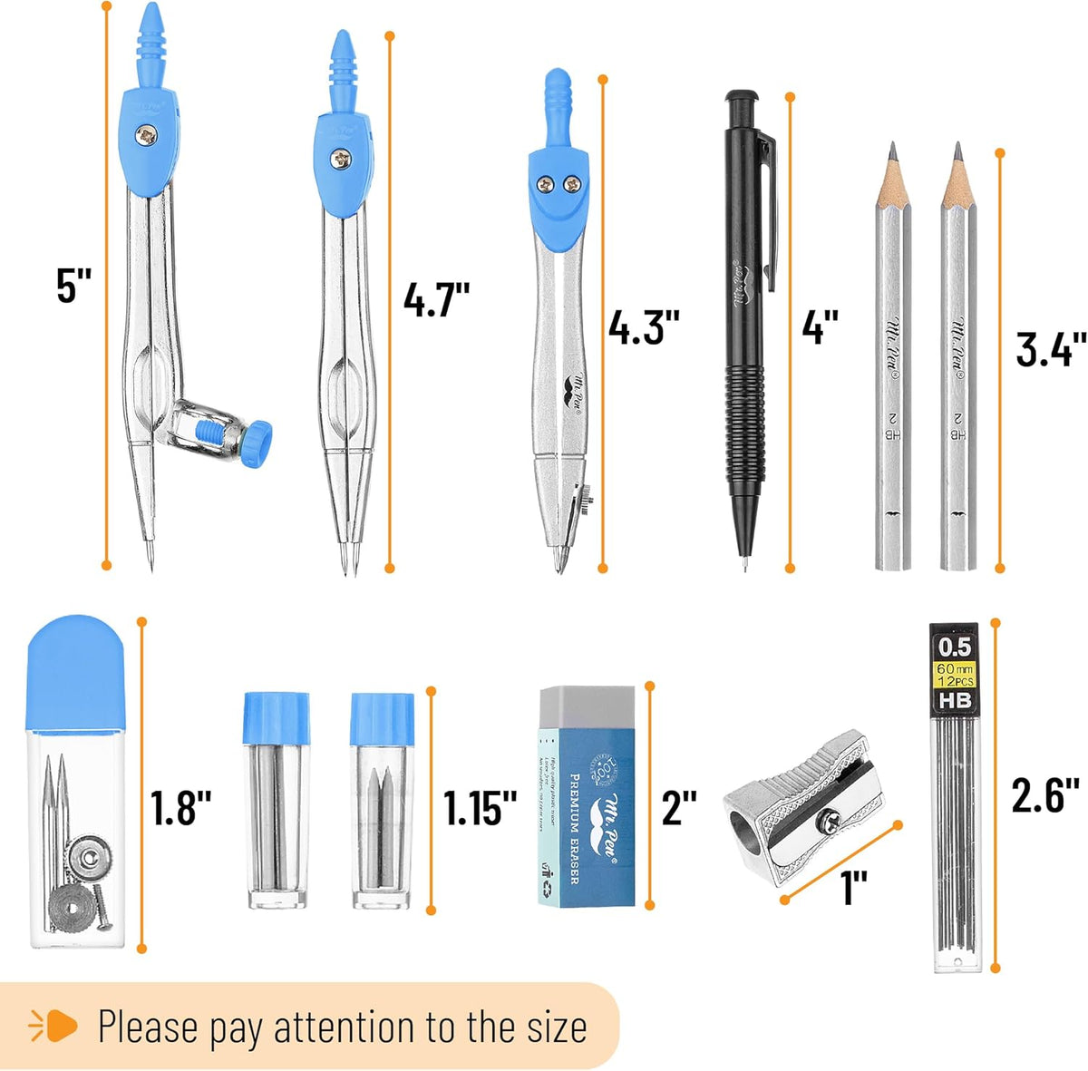 Mr. Pen- Geometry Set, 15 pcs, Blue, 6 Inch Swing Arm Protractor, Divider, Set Squares, Ruler