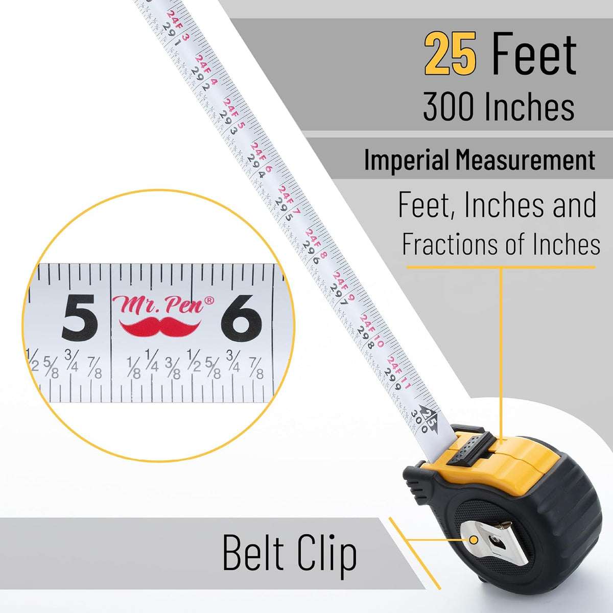 Mr. Pen- Retractable Tape Measure 25 ft, 2 Pack, Yellow, Steel Retractable Measuring Tape with Fractions