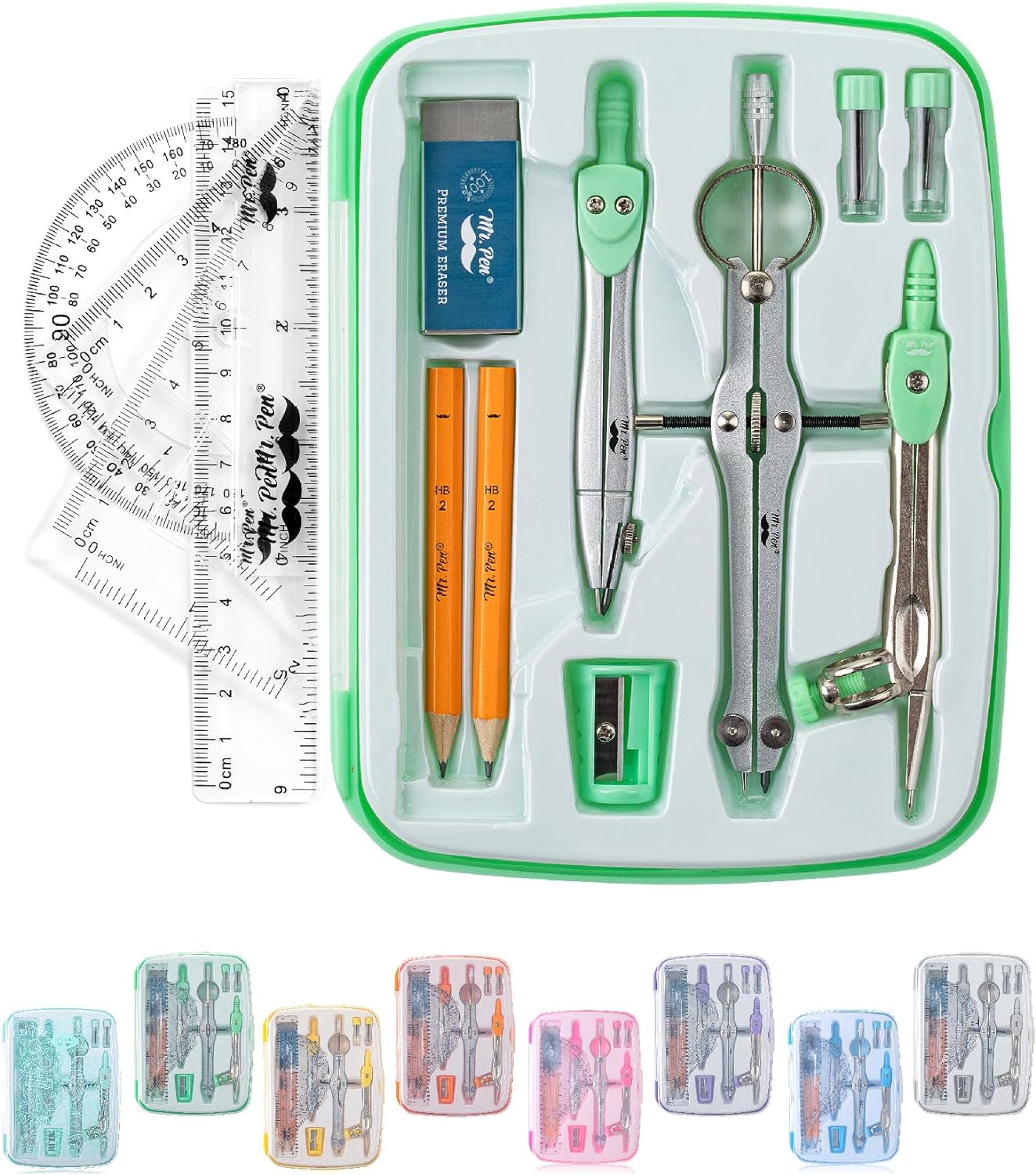 Geometry Set, 13 pcs, Mint Green, Compass for Geometry Compass Math, Geometry Kit Set with Shatterproof Storage Box, Math Compass, Geometry Set for School, Protractor and Compass Set