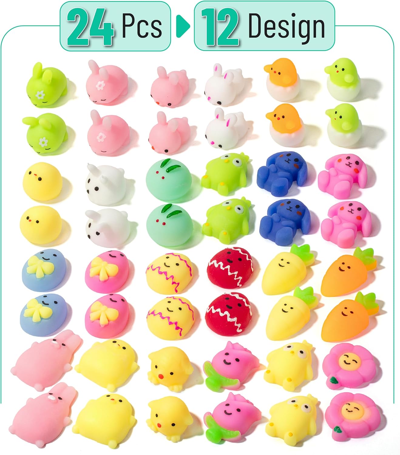 Easter Squishy Toys for Kids, 48 Pack, 24 Designs, Mochi