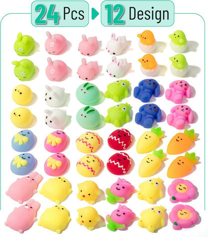Easter Squishy Toys for Kids, 48 Pack, 24 Designs, Mochi