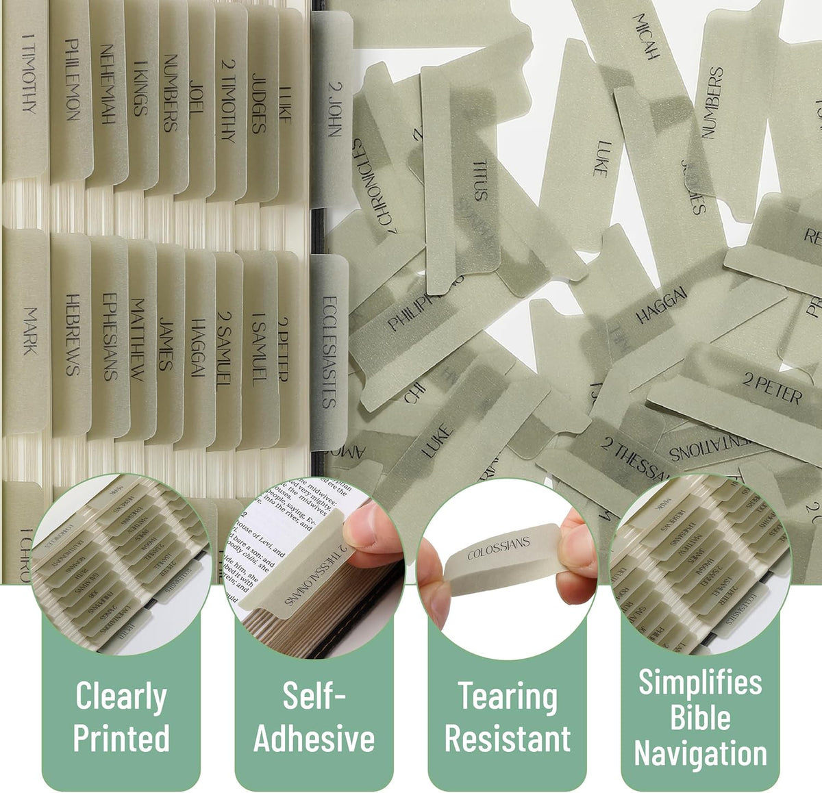Mr. Pen- Laminated Bible Tabs, 75 pcs, Translucent Olive Green, Easy-to-Read & Apply, Tear Resistant Index Tabs for Women and Men