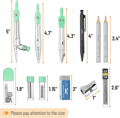 Mr. Pen- Geometry Set, 15 pcs, Green, 6 Inch Swing Arm Protractor, Divider, Set Squares, Ruler