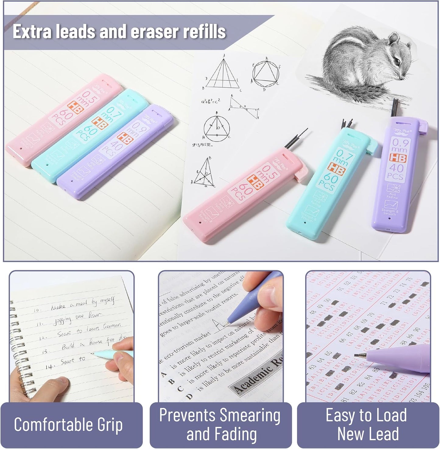 Mr. Pen- Pastel Mechanical Pencil Set with Lead Refills & Erasers, 6 Pack, 3 Sizes, 0.5 0.7 & 0.9mm, Aesthetic Mechanical Pencils Set