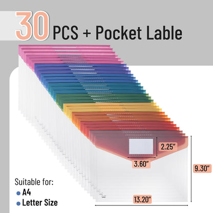 Mr. Pen- Clear Plastic Envelopes with Snap Closure, 30 Pack, A4, Letter Size, Colorful Flaps