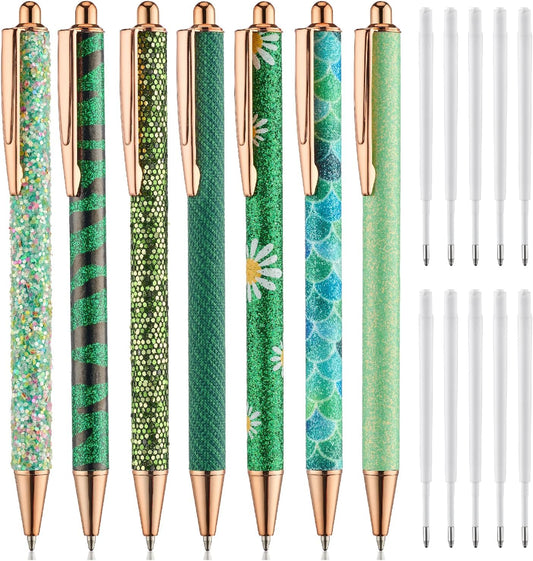 Mr. Pen- Fancy Pens for Women, Emerald Enchantment, 7 Black Ink Ballpoint Pens with 10 Refills, 1.0mm