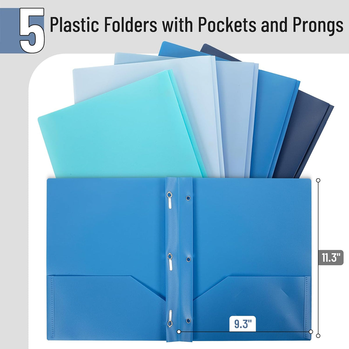 Mr. Pen- Plastic Folders with Pockets and Prongs, 5 Pack, Letter Size, Blue Shades