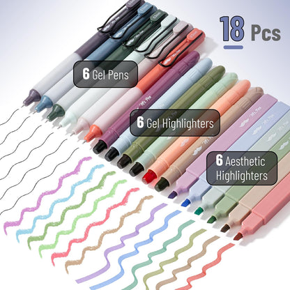 Aesthetic Highlighters and Gel Pens, 18 Pack, Gel Highlighters for Bibles, Vintage Color Highlighters, Black Gel Pens, Highlighter Pens, Vintage Color Bible Highlighter No Bleed