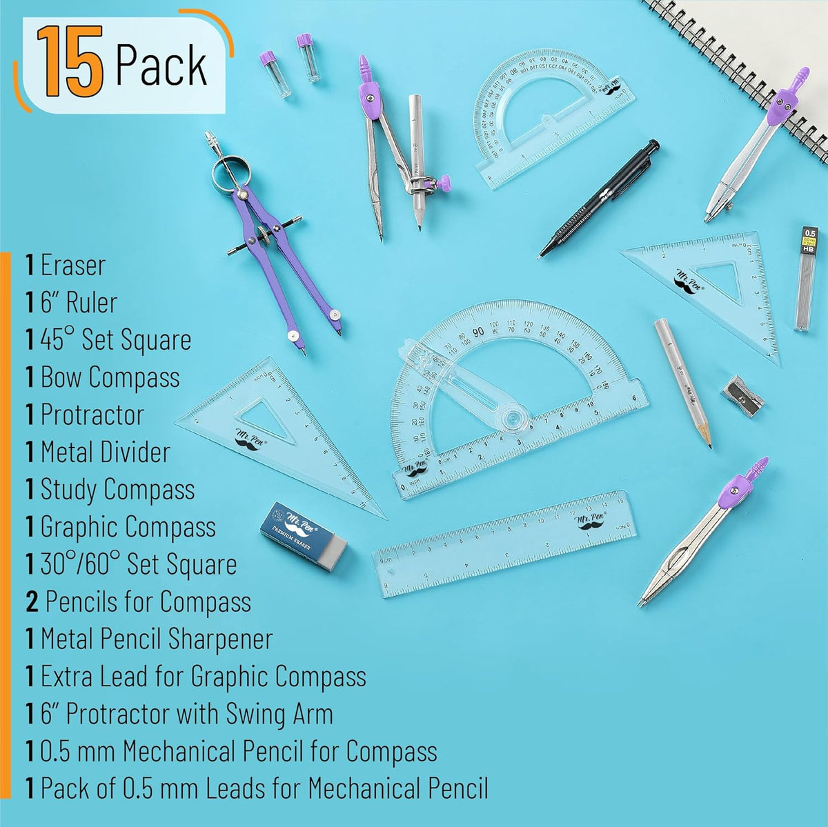 Mr. Pen- Geometry Set, 15 pcs, Purple, 6 Inch Swing Arm Protractor, Divider, Set Squares, Ruler