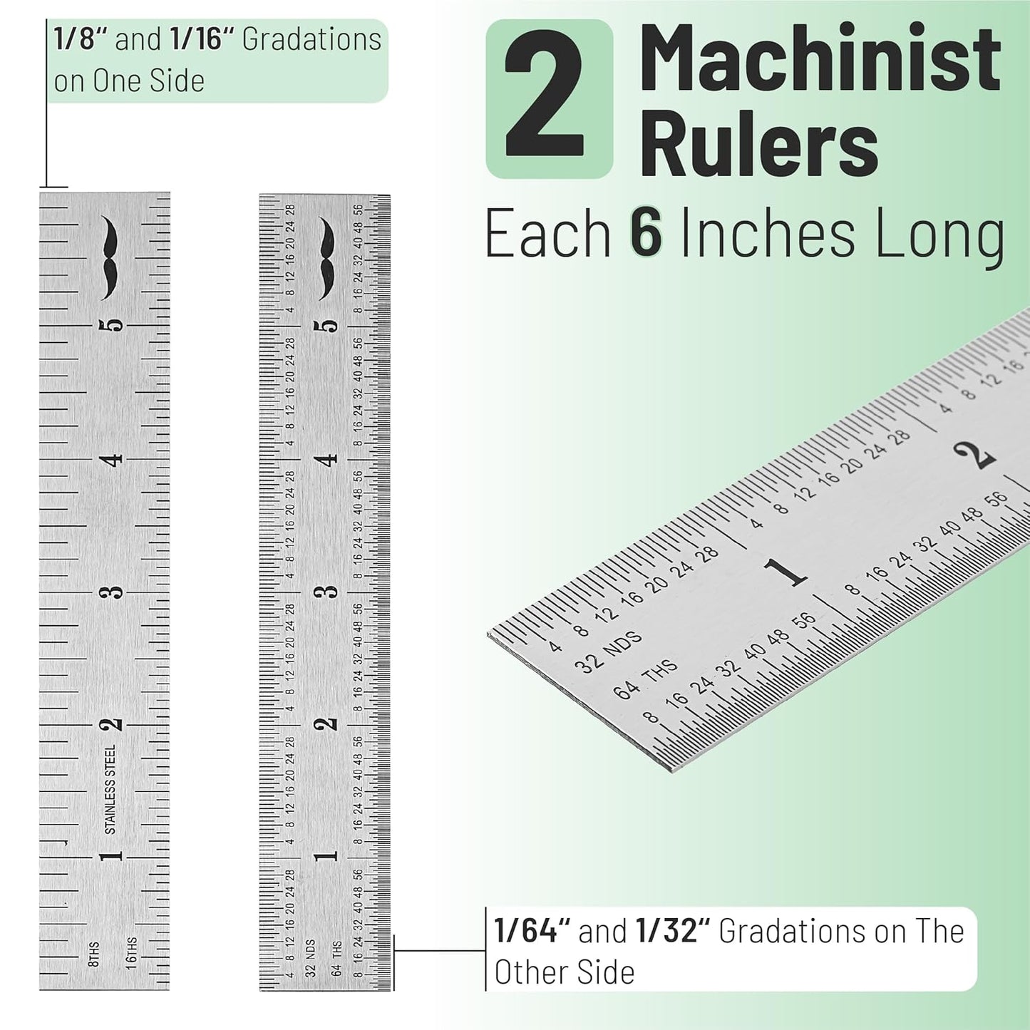 Metal Machinist Ruler 6 Inch, 2 Pack, Stainless Steel