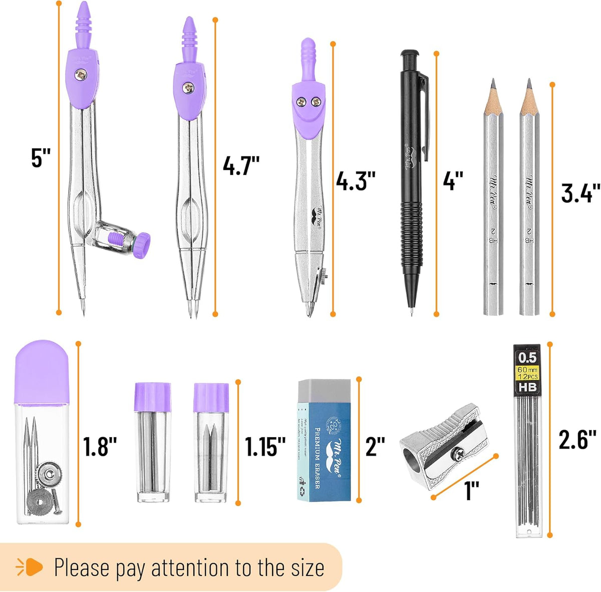 Mr. Pen- Geometry Set, 15 pcs, Purple, 6 Inch Swing Arm Protractor, Divider, Set Squares, Ruler