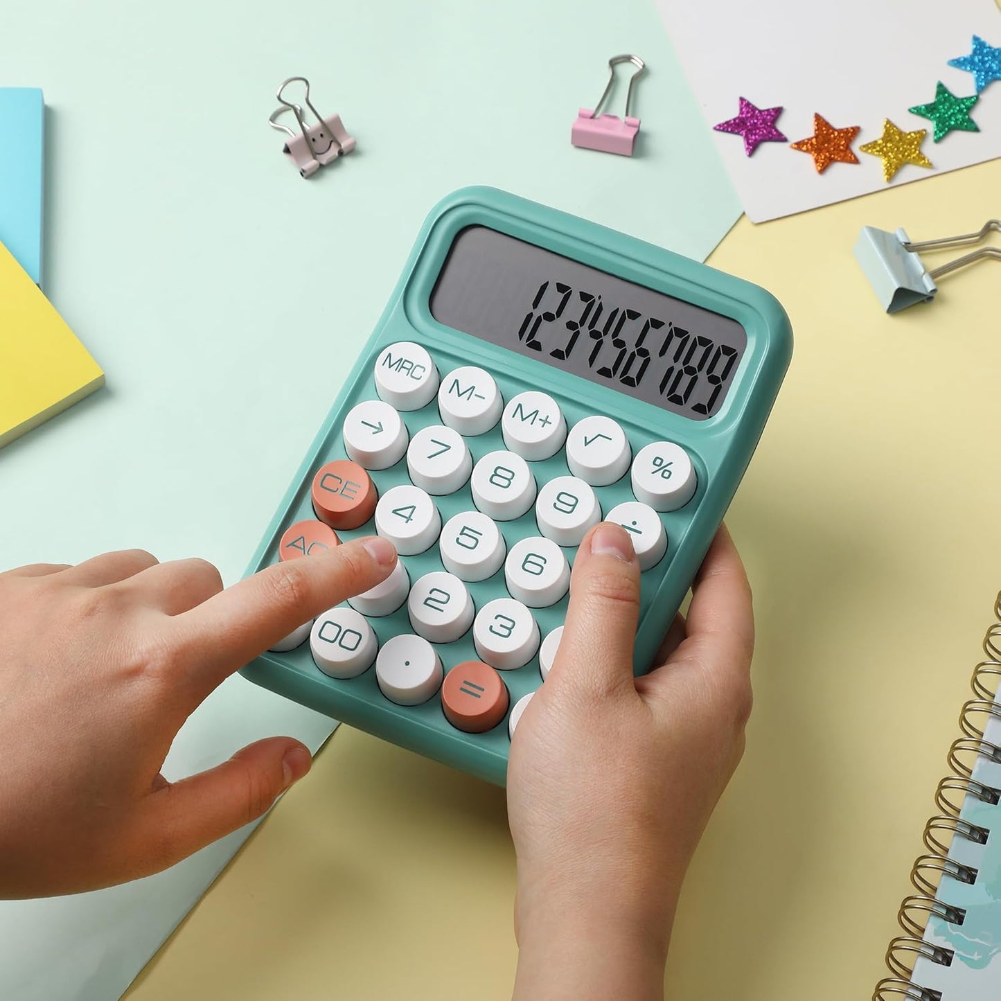 Mechanical Calculator, 12-Digit, Large LCD, Earthy Green, Round Keys