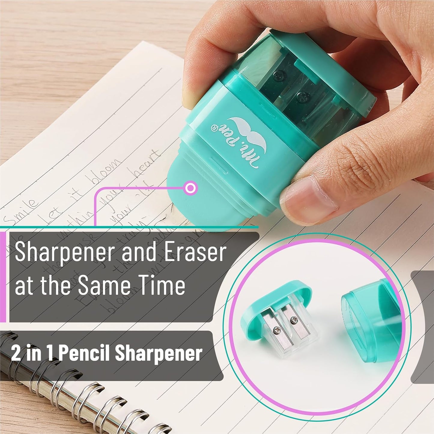 Mr. Pen- Pencil Sharpener & Eraser, 4 Pack, Colorful Erasers, 2 Sharpening Holes, Pencil Sharpeners Manual Pencil Sharpener