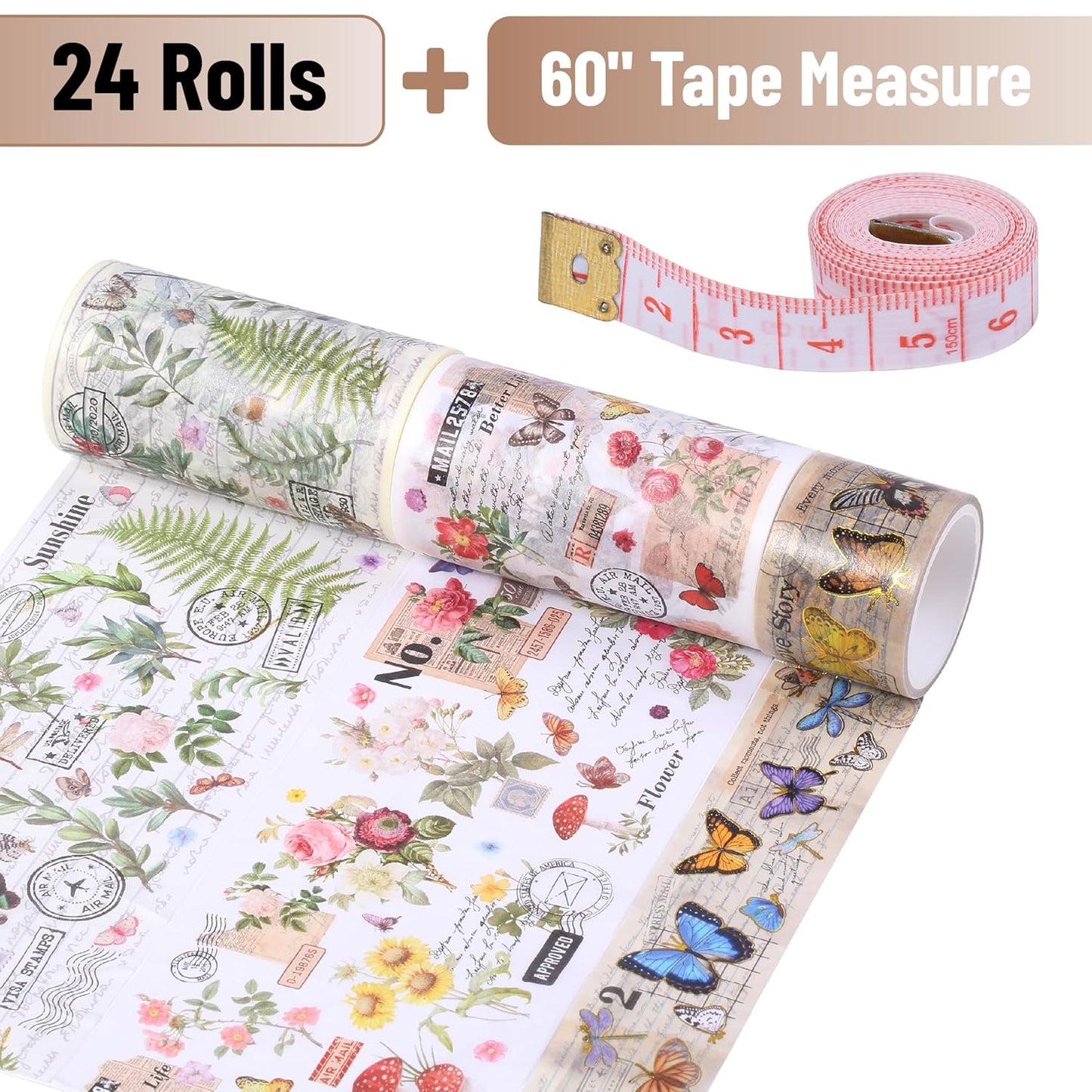Flower Washi Tape Set, 24 Rolls, Vintage Botanical & Butterfly