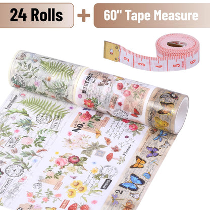 Flower Washi Tape Set, 24 Rolls, Vintage Botanical & Butterfly