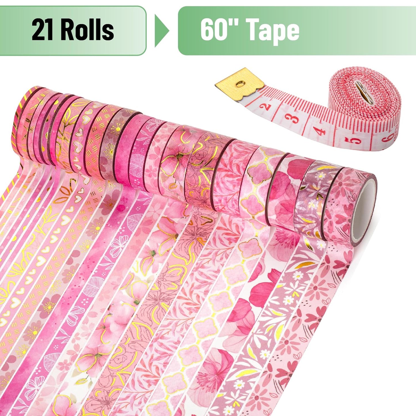 Mr. Pen- Washi Tape Set, 21 Rolls, Floral Pink, Decorative Tape with Measure Tape