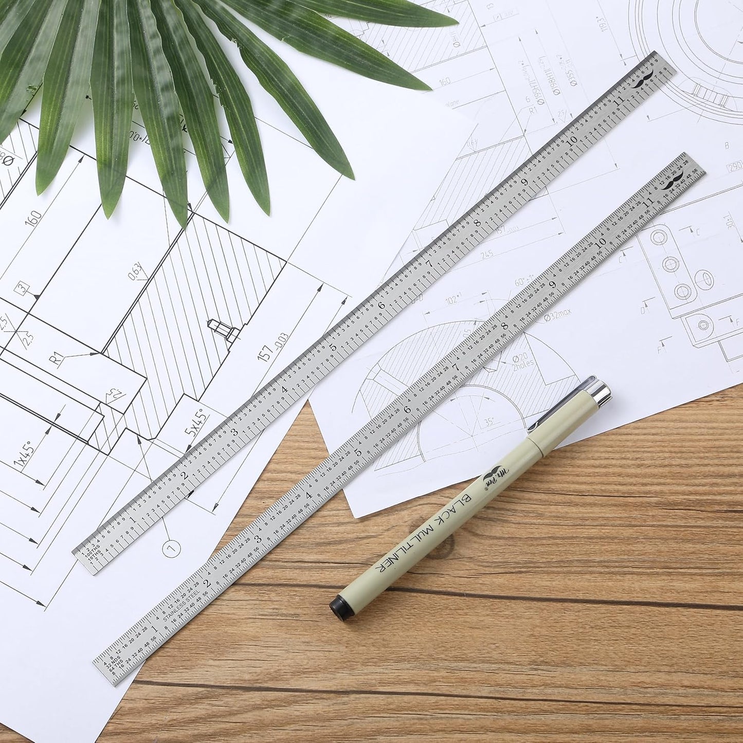 Machinist Ruler 12 Inch, 2 Pack, Stainless Steel, 1/10 1/100 1/32